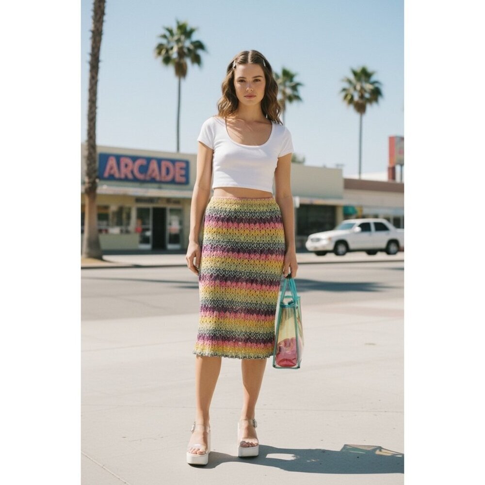 Vintage 90s Jacques Multicolor Open Knit Midi Skirt Crochet Chevron Size M